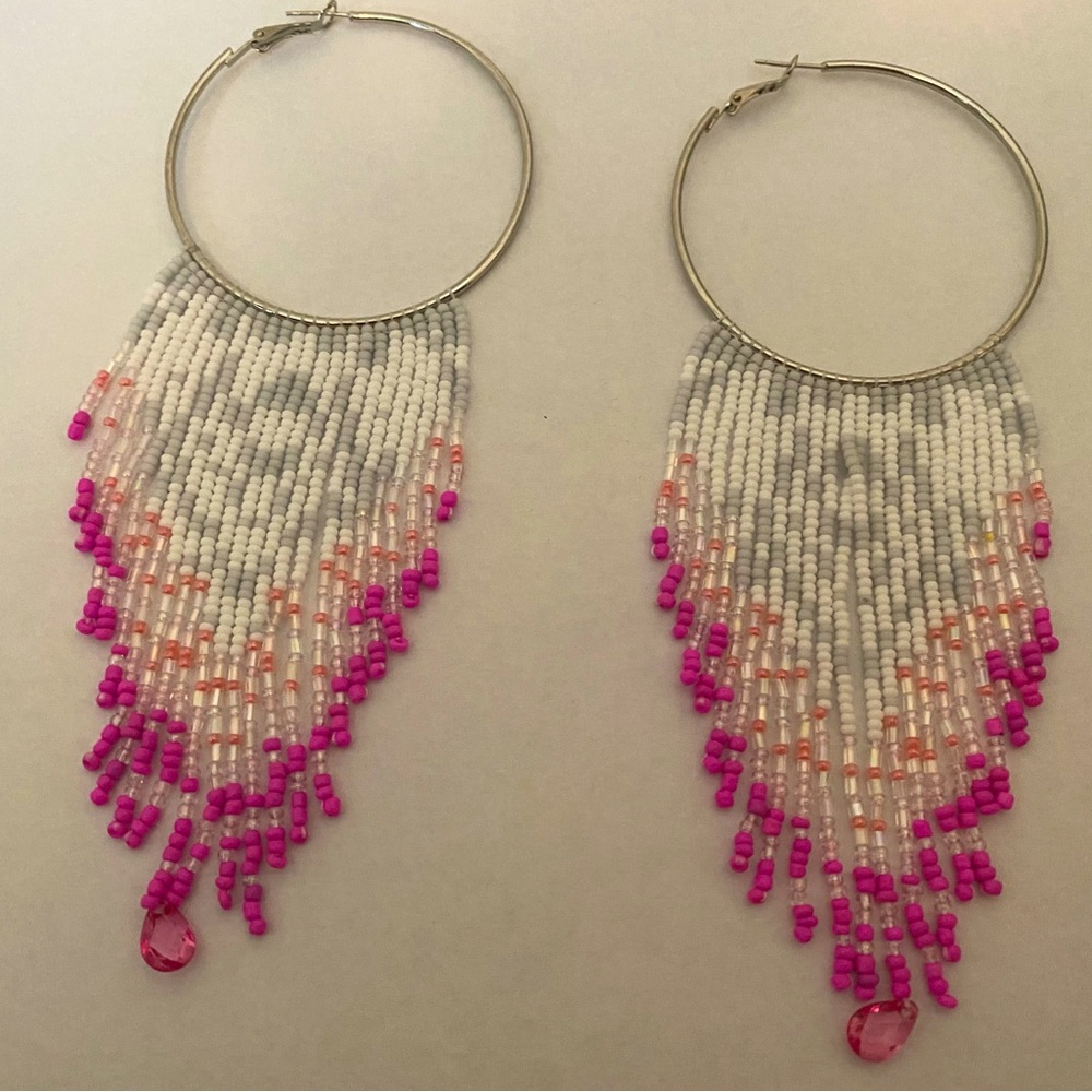 Handmade beaded fringe hoop earrings pink lite gray white - good conditi…